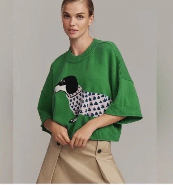 Anthropologie Sweaters - NWT Anthropologie Goldie 100% Cashmere Green Dachschund Sweater Size L Novelty